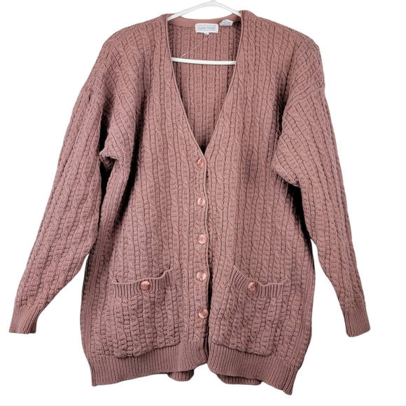 Vintage Sweaters - Vintage Chunky Cable Knit Cotton Mauve Button-front Cardigan